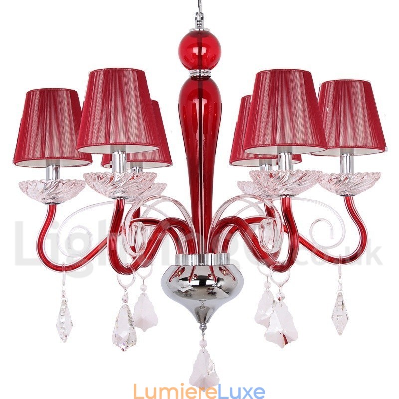 Lustre contemporain en cristal K9 rouge à 6 lumières de style bougie