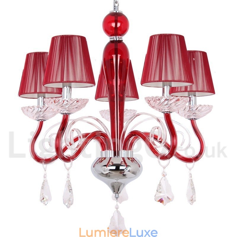 Lustre contemporain en cristal K9 rouge à 5 lumières de style bougie
