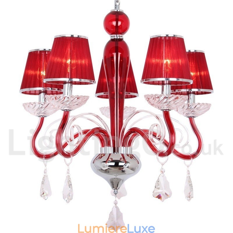 Lustre contemporain en cristal K9 rouge à 5 lumières de style bougie