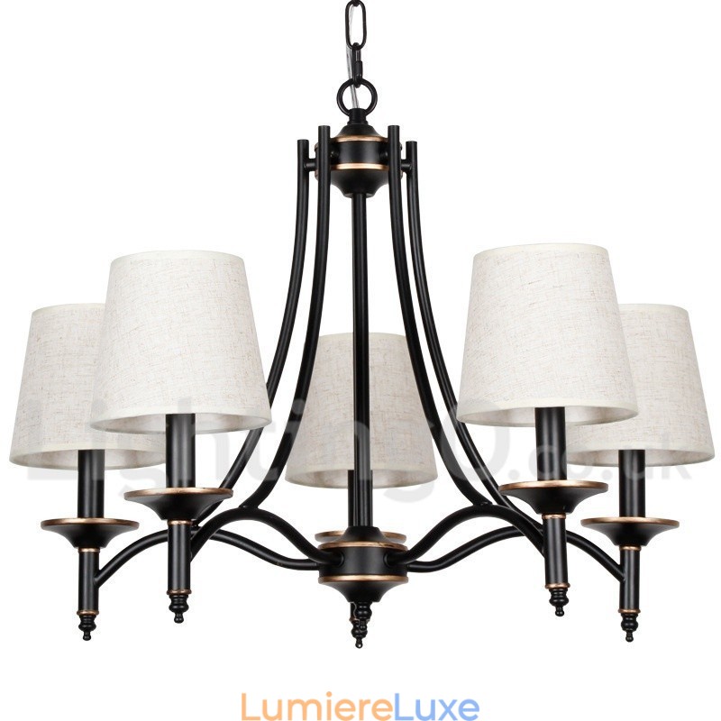 Lustre rustique rétro noir contemporain à 5 lumières de style bougie