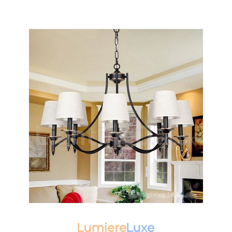Lustre à 8 lumières de style bougie contemporain noir rustique rétro