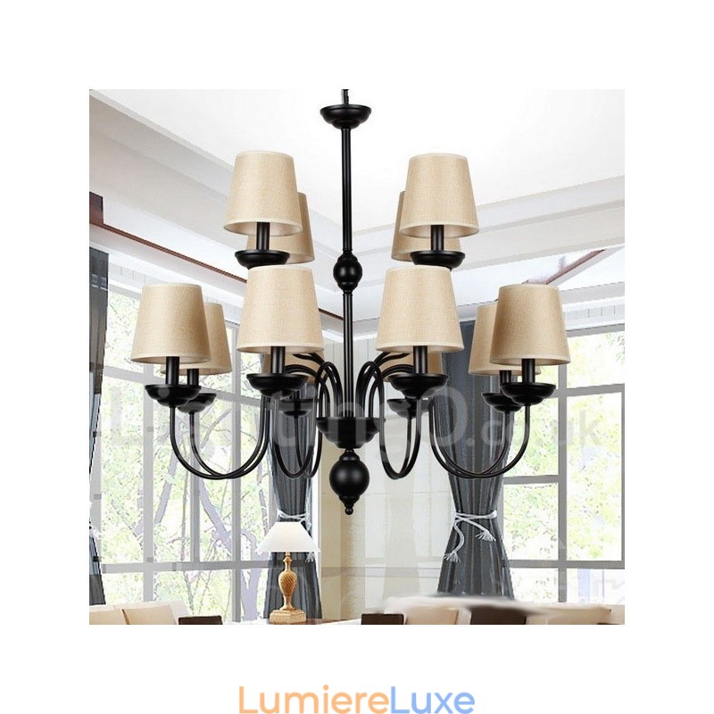 Lustre rustique à 12 lumières et 2 niveaux de style rétro contemporain avec bougies