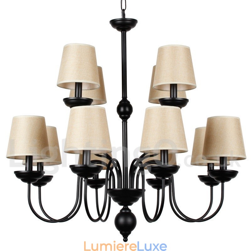 Lustre rustique à 12 lumières et 2 niveaux de style rétro contemporain avec bougies