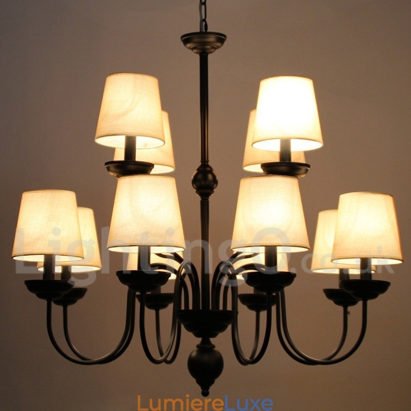 Lustre rustique à 12 lumières et 2 niveaux de style rétro contemporain avec bougies