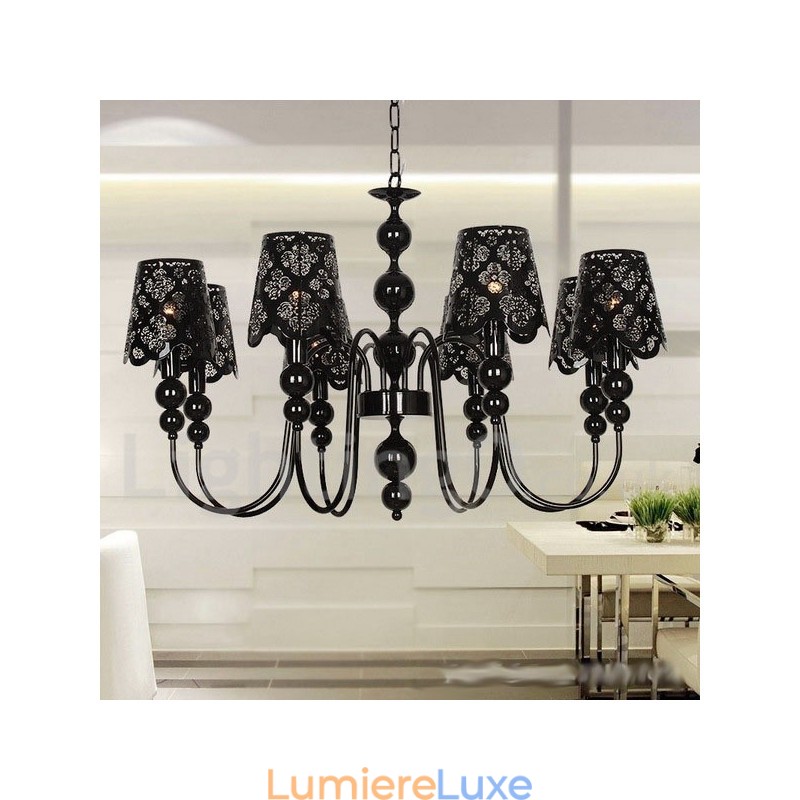 Lustre moderne contemporain à 8 lumières de style bougie creuse noire