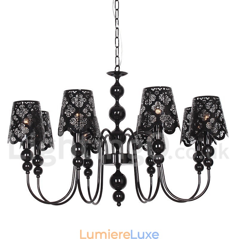 Lustre moderne contemporain à 8 lumières de style bougie creuse noire