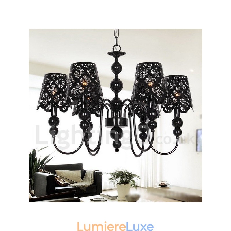 Lustre moderne contemporain à 6 lumières de style bougie creuse noire