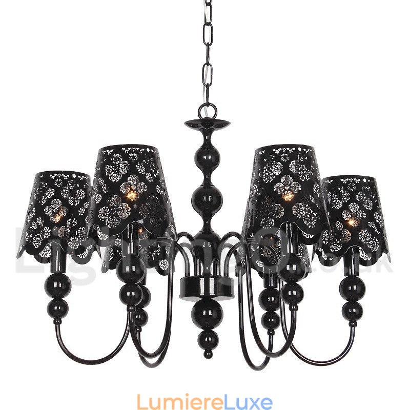 Lustre moderne contemporain à 6 lumières de style bougie creuse noire