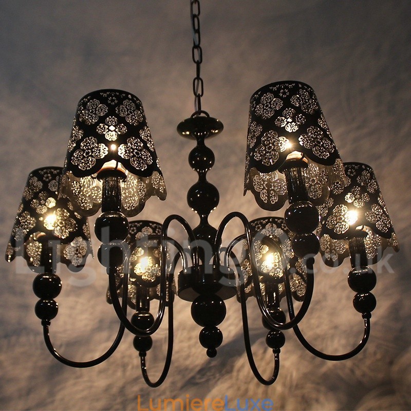 Lustre moderne contemporain à 6 lumières de style bougie creuse noire