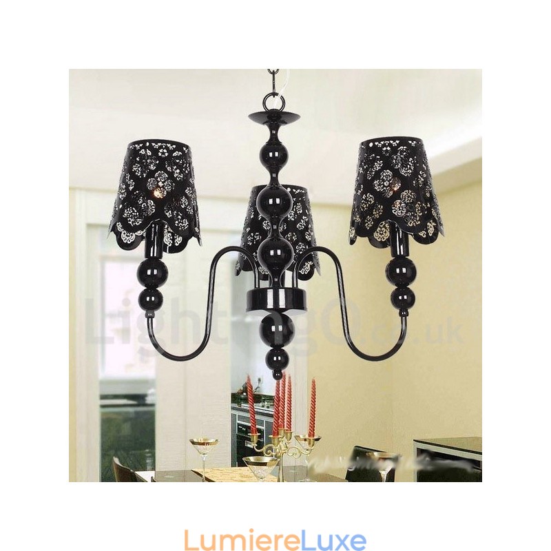 Lustre moderne contemporain à 3 lumières de style bougie creuse noire