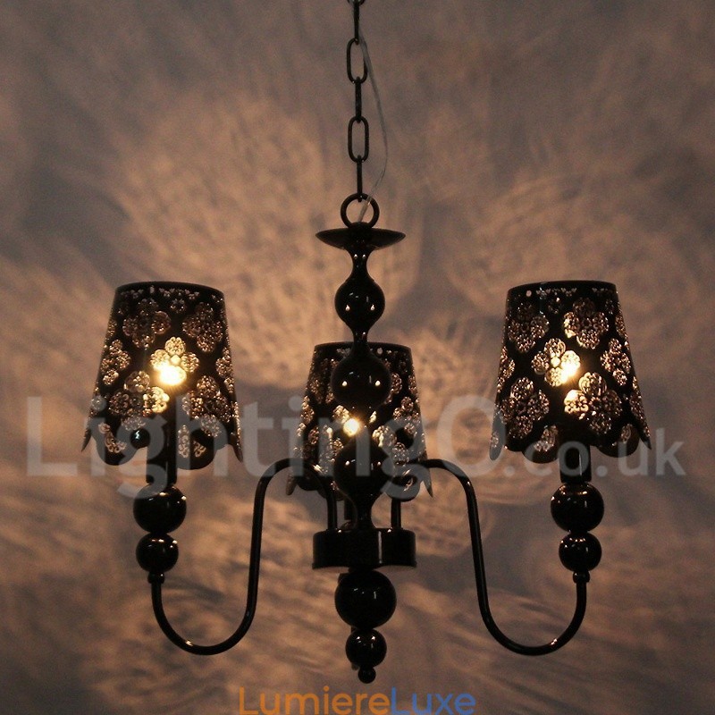 Lustre moderne contemporain à 3 lumières de style bougie creuse noire