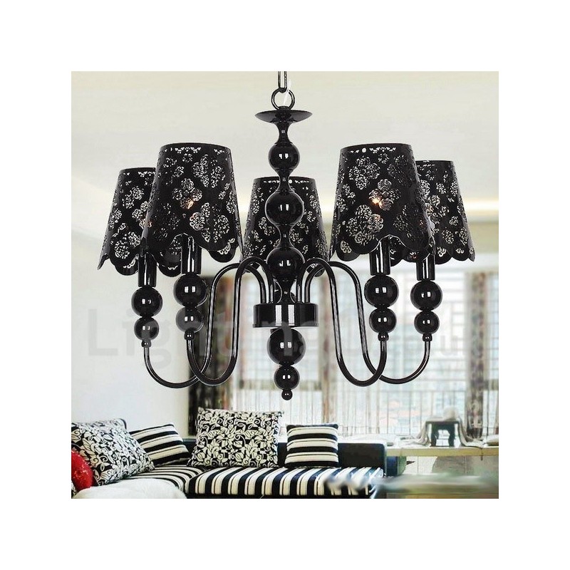 Lustre moderne contemporain à 5 lumières de style bougie creuse noire