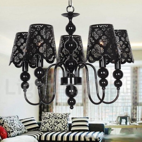 Lustre moderne contemporain à 5 lumières de style bougie creuse noire