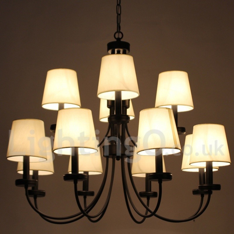 Lustre rétro contemporain à 12 lumières, style bougie noir à 2 niveaux