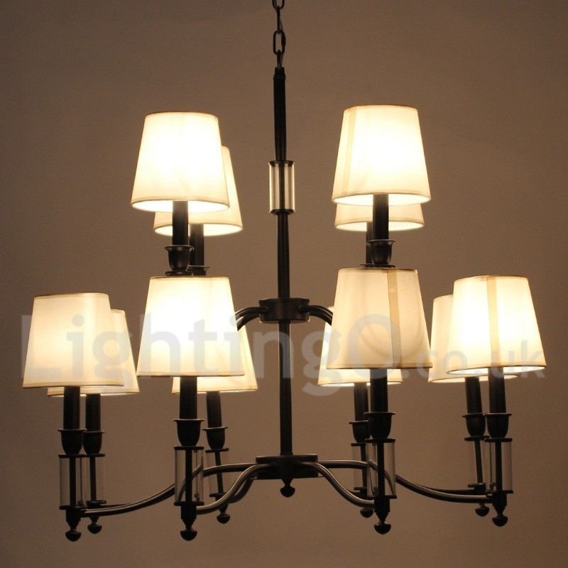 Lustre rétro contemporain noir à 12 lumières et 2 niveaux, style bougie