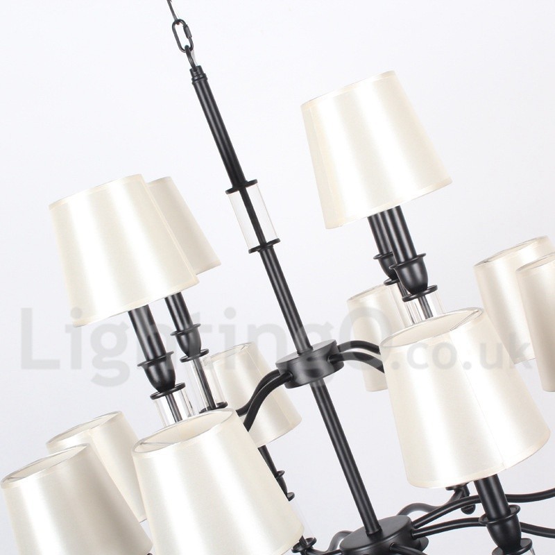Lustre rétro contemporain noir à 12 lumières et 2 niveaux, style bougie