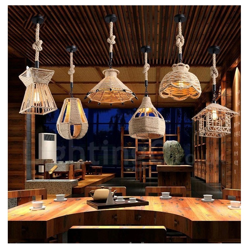 1 lampe suspendue rustique Lodge Cafe en corde de chanvre