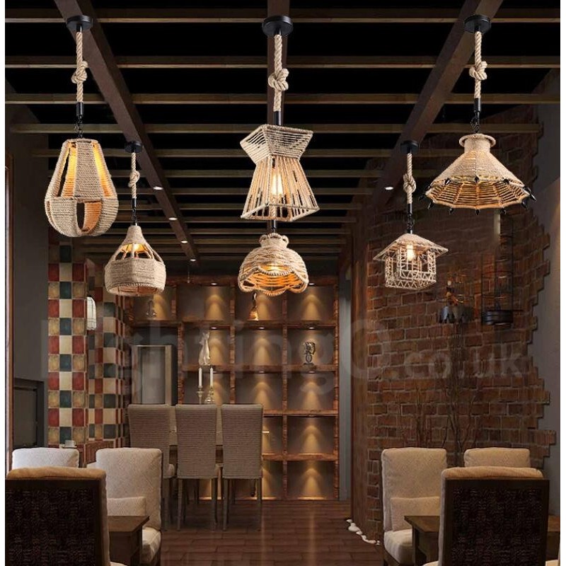 1 lampe suspendue rustique Lodge Cafe en corde de chanvre