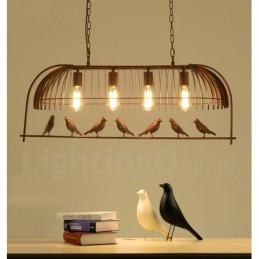 Suspension rustique à 4 lumières en forme de cage à oiseaux avec abat-jour en acier