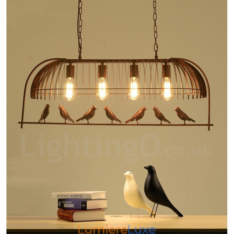 Suspension rustique à 4 lumières en forme de cage à oiseaux avec abat-jour en acier