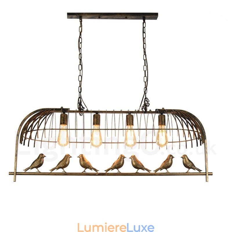 Suspension rustique à 4 lumières en forme de cage à oiseaux avec abat-jour en acier