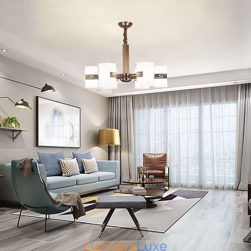 Lustre contemporain moderne à 6 lumières avec abat-jour en verre