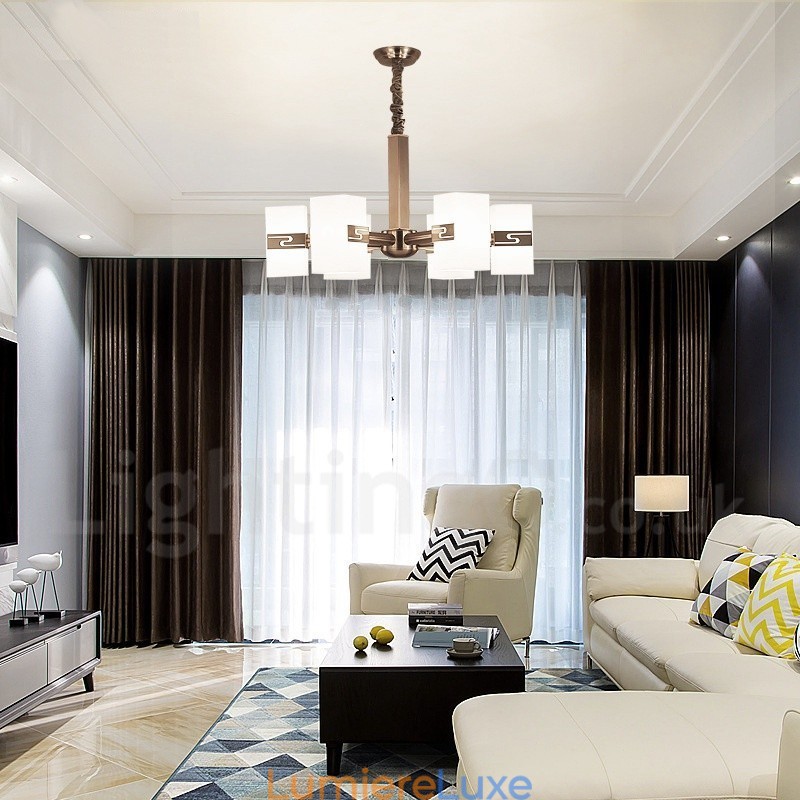 Lustre contemporain moderne à 6 lumières avec abat-jour en verre