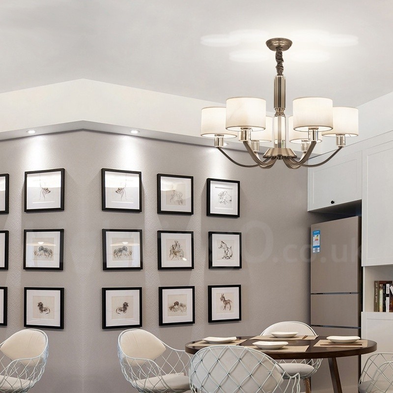 Lustre contemporain moderne en cristal à 6 lumières avec abat-jour en tissu