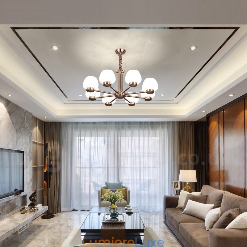 Lustre contemporain moderne à 8 lumières avec abat-jour en verre