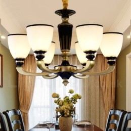 Lustre rétro traditionnel à 6 lumières en alliage de zinc avec abat-jour en verre