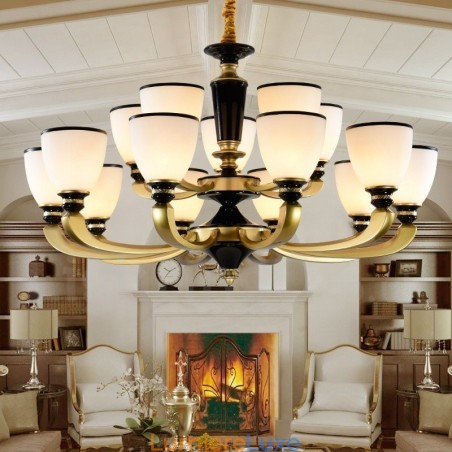 Lustre rétro traditionnel à 15 lumières en alliage de zinc avec abat-jour en verre Lustre rétro traditionnel à 15 lumières en alliage de zinc avec abat-jour en verre