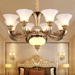 Lustre de hall de luxe traditionnel rétro à 8 lumières avec abat-jour en verre