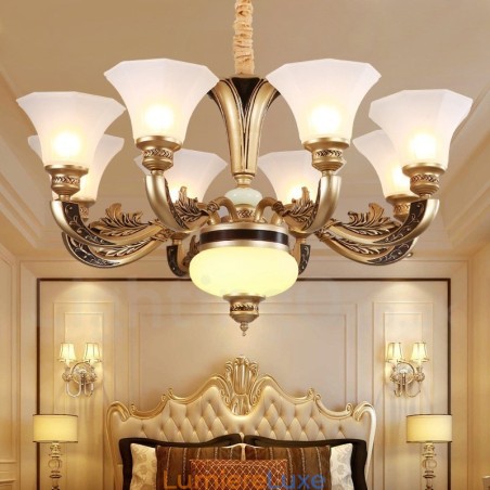 Lustre de hall de luxe traditionnel rétro à 8 lumières avec abat-jour en verre Lustre de hall de luxe traditionnel rétro à 8 lumières avec abat-jour en verre