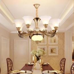 Lustre de hall de luxe traditionnel rétro à 8 lumières avec abat-jour en verre