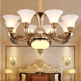 Lustre de hall de luxe traditionnel rétro à 8 lumières avec abat-jour en verre