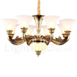 Lustre de hall de luxe traditionnel rétro à 8 lumières avec abat-jour en verre