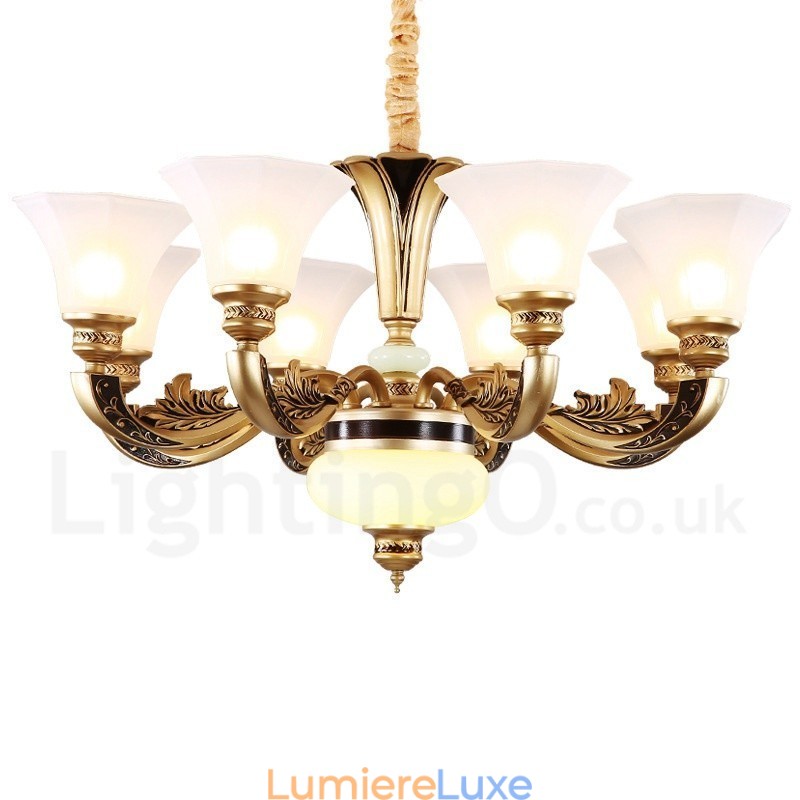 Lustre de hall de luxe traditionnel rétro à 8 lumières avec abat-jour en verre