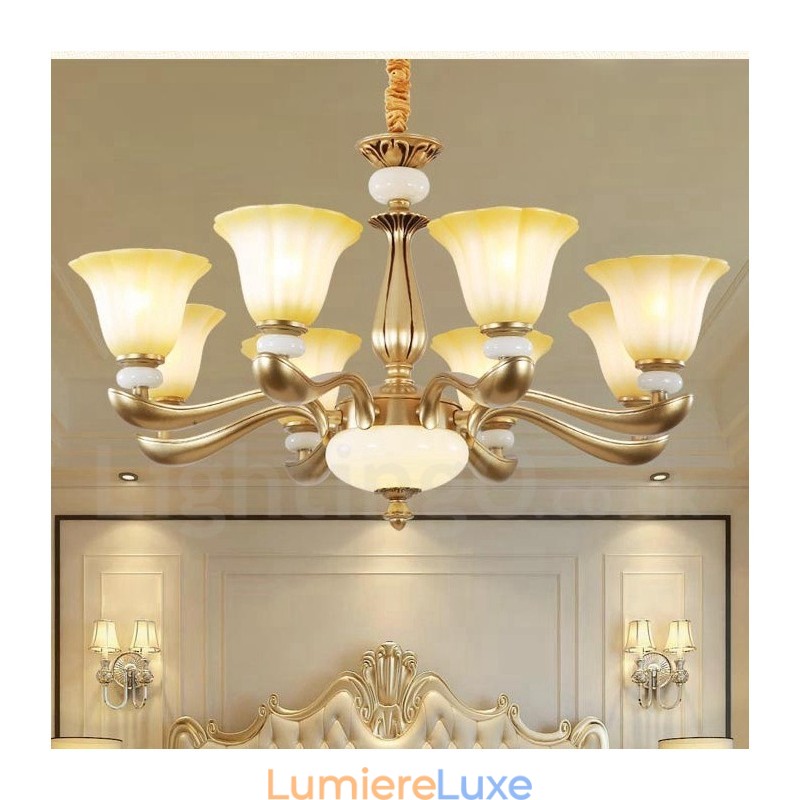 Lustre traditionnel de luxe à 8 lumières en alliage de zinc avec abat-jour en verre
