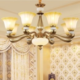 Lustre traditionnel de luxe à 8 lumières en alliage de zinc avec abat-jour en verre