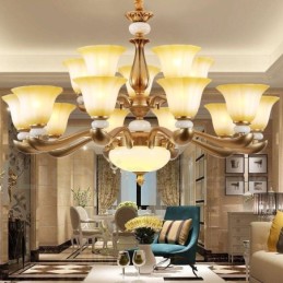 Lustre de luxe traditionnel rétro à 15 lumières en alliage de zinc avec abat-jour en verre