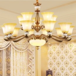 Lustre de luxe traditionnel rétro à 15 lumières en alliage de zinc avec abat-jour en verre