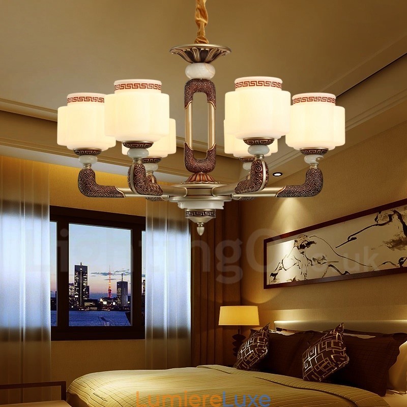 Lustre de hall de luxe traditionnel rétro à 6 lumières en alliage de zinc avec abat-jour en verre