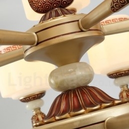 Lustre de hall de luxe traditionnel rétro à 6 lumières en alliage de zinc avec abat-jour en verre