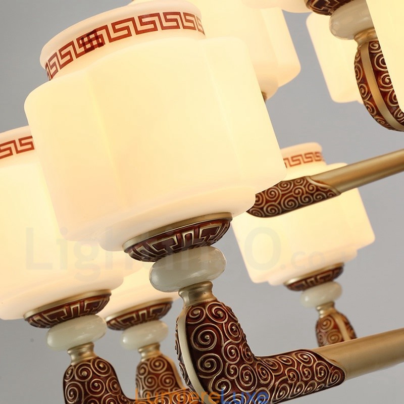 Lustre de hall de luxe traditionnel rétro à 6 lumières en alliage de zinc avec abat-jour en verre