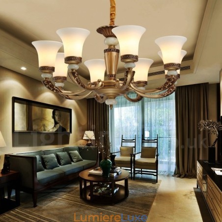 Lustre de hall de luxe traditionnel rétro à 8 lumières en alliage de zinc avec abat-jour en verre Lustre de hall de luxe traditionnel rétro à 8 lumières en alliage de zinc avec abat-jour en verre