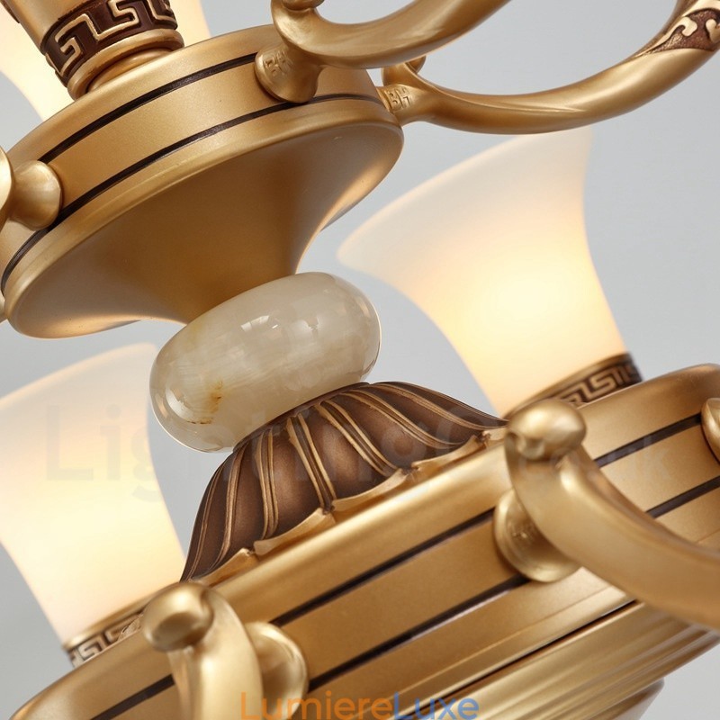 Lustre de hall de luxe traditionnel rétro à 8 lumières en alliage de zinc avec abat-jour en verre