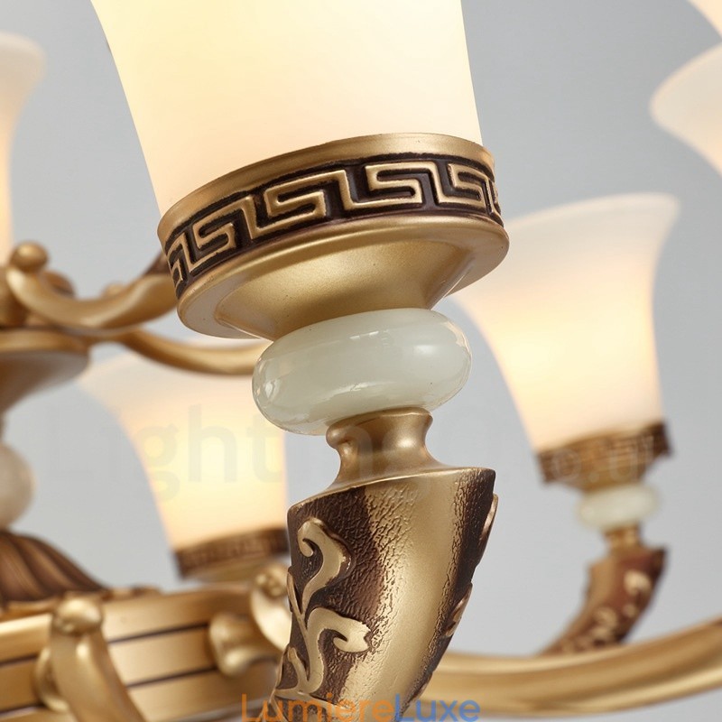 Lustre de hall de luxe traditionnel rétro à 8 lumières en alliage de zinc avec abat-jour en verre