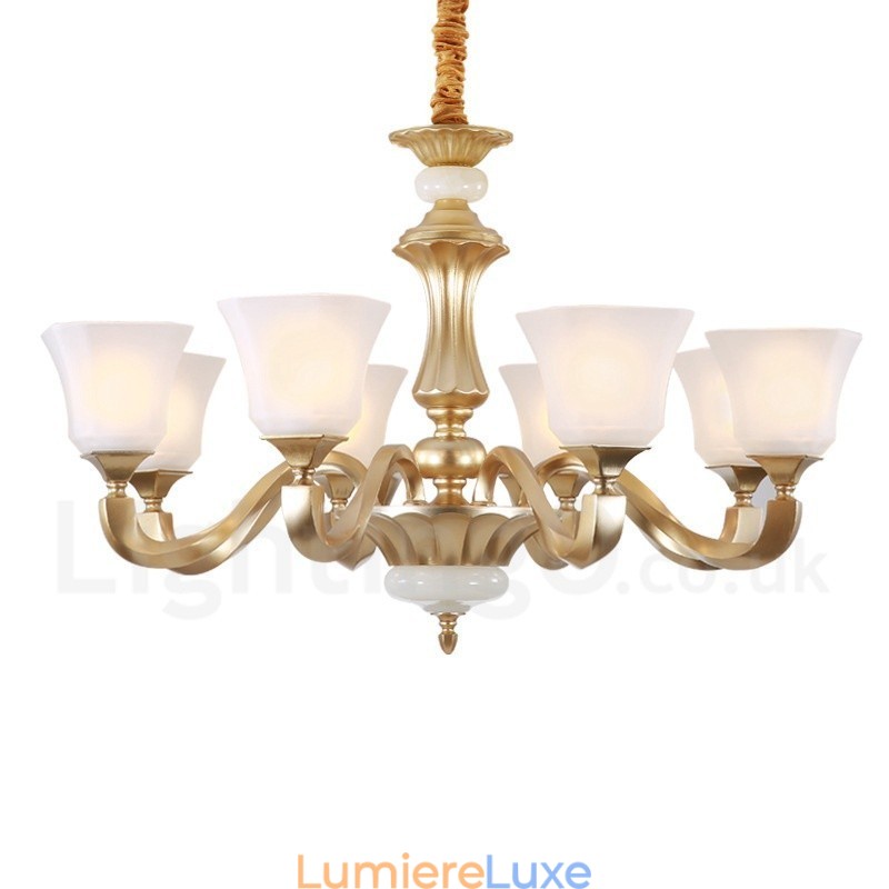 Lustre rustique traditionnel rétro à 8 lumières avec abat-jour en verre