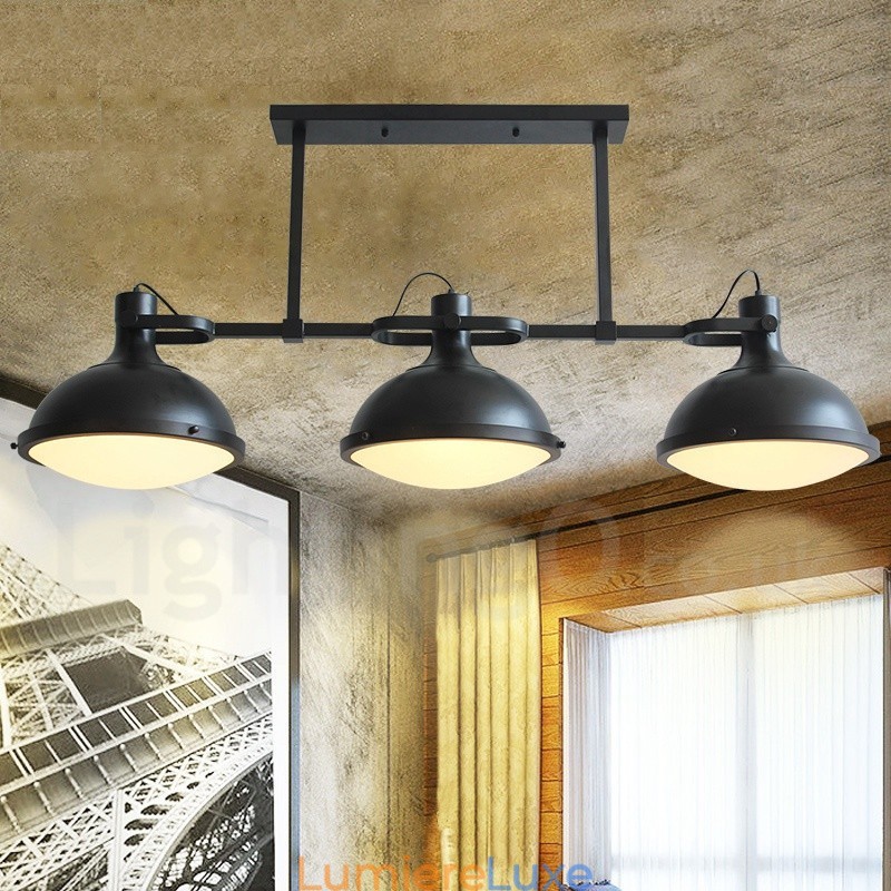 Suspension rétro rustique en acier à 3 lumières avec abat-jour en verre