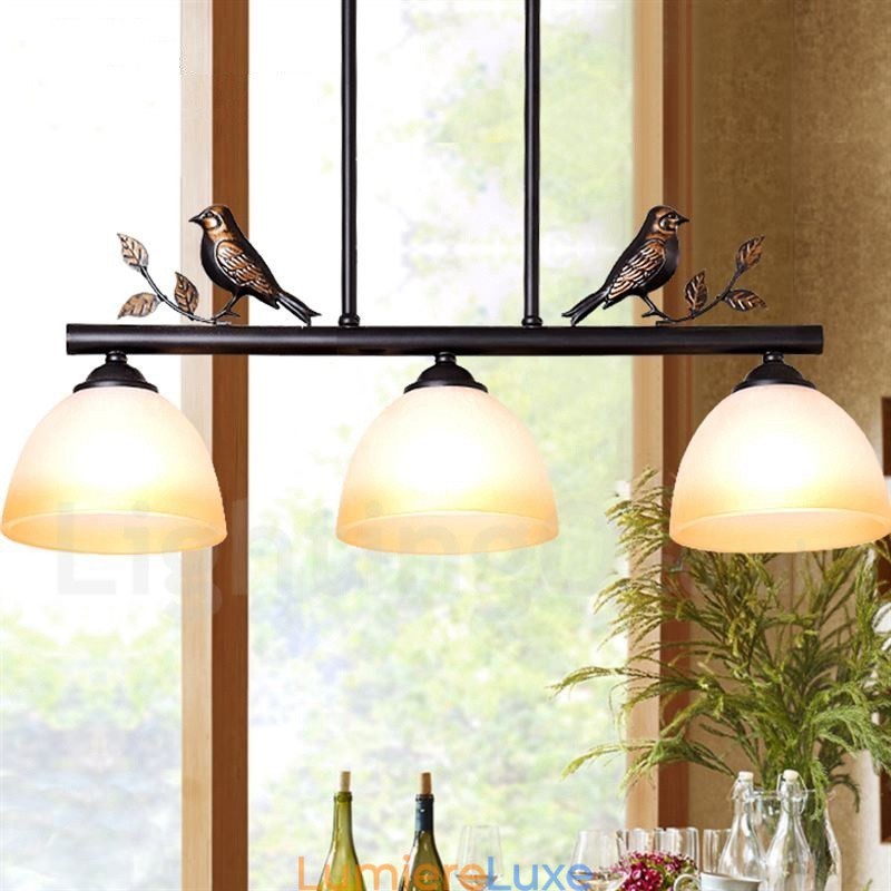 Suspension rétro rustique en acier à 3 lumières avec abat-jour en verre